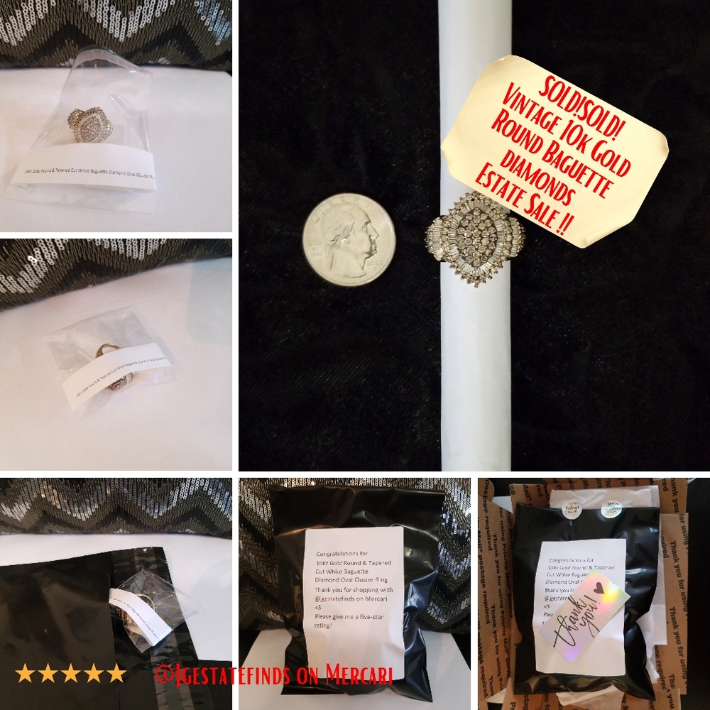 SOLD!SOLD!Shimmering 10kt GoldRound &Tapered Cut White Diamond Oval Cluster Ring